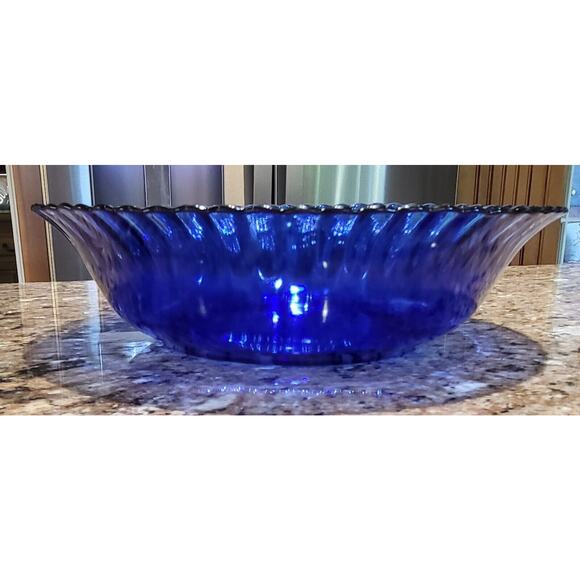 Vintage COLOREX 9.5” Serving Bowl Made In Brazil Cobalt Ribbed Glass Edge - Picture 2 of 11